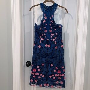 Marchesa Notte Blue Bird Lace Dress